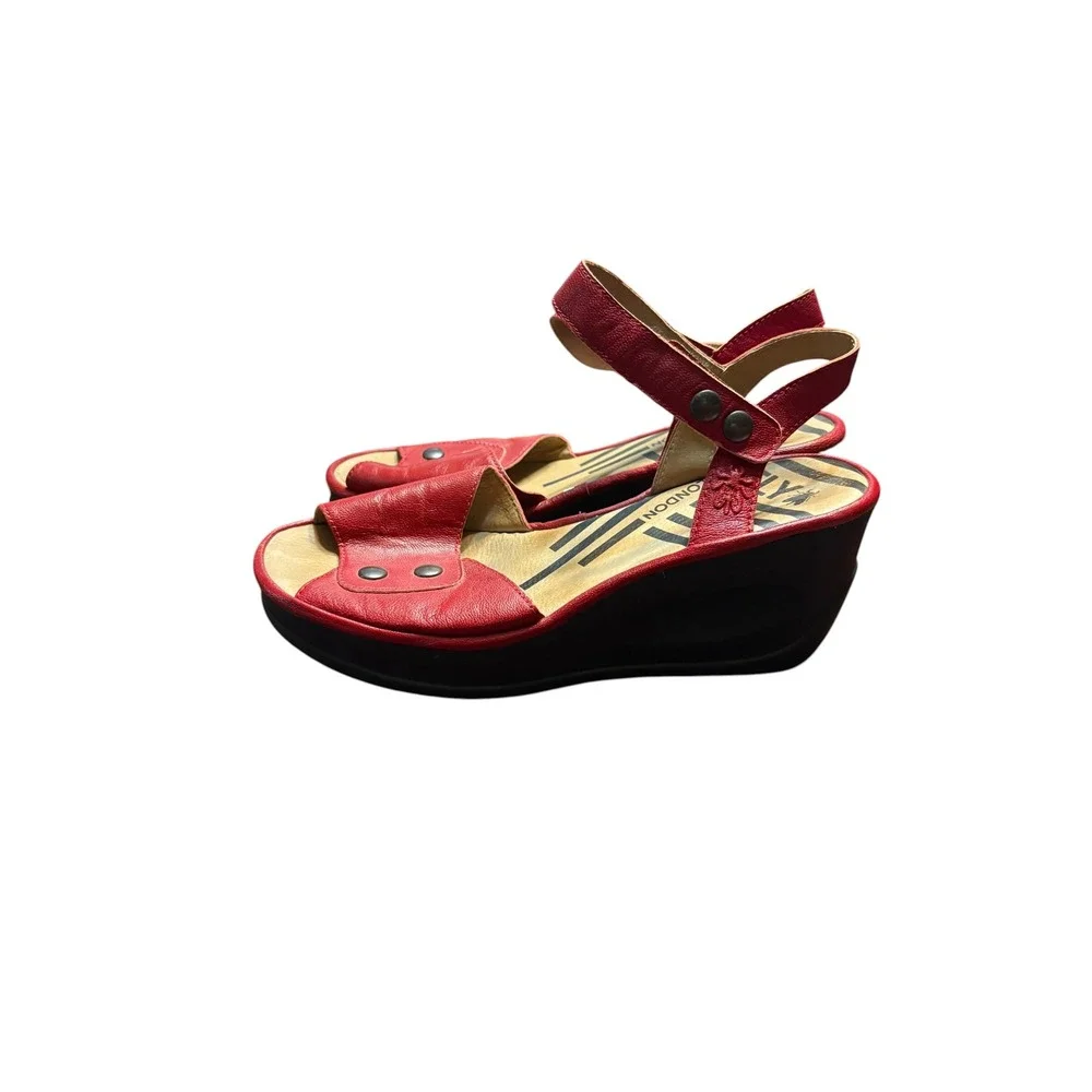 Fly London Red Leather Wedge Sandals Peep Toe Platform Ankle Strap Size 40